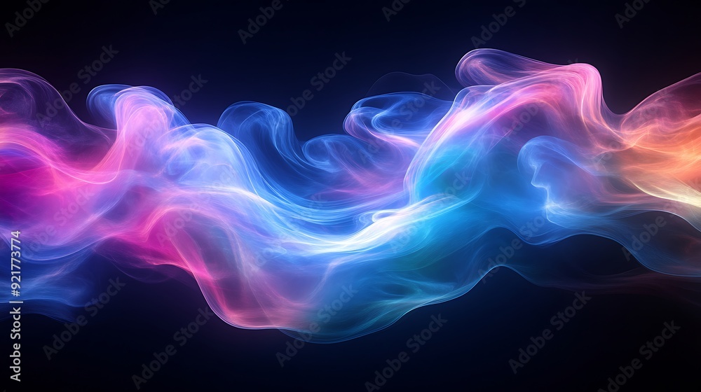 Fototapeta premium Abstract glowing blue and pink waves on a dark background.