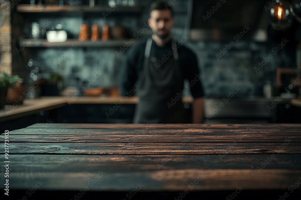 Rustic wooden table with blurry background of man in a kitchen. Rustic wooden table with blurry background of man in a kitchen.