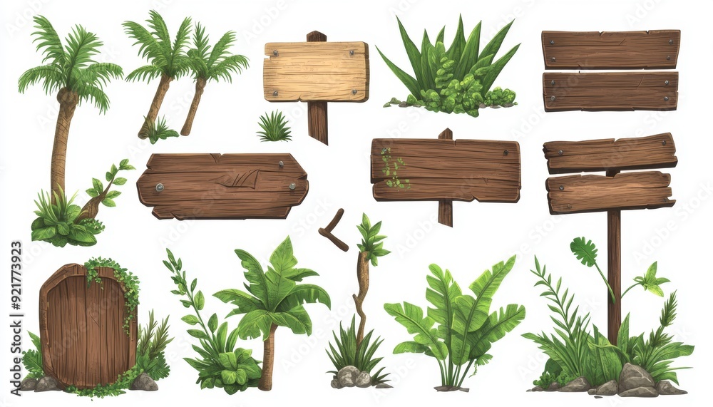 Wooden signs and tropical plants in a vibrant nature setting