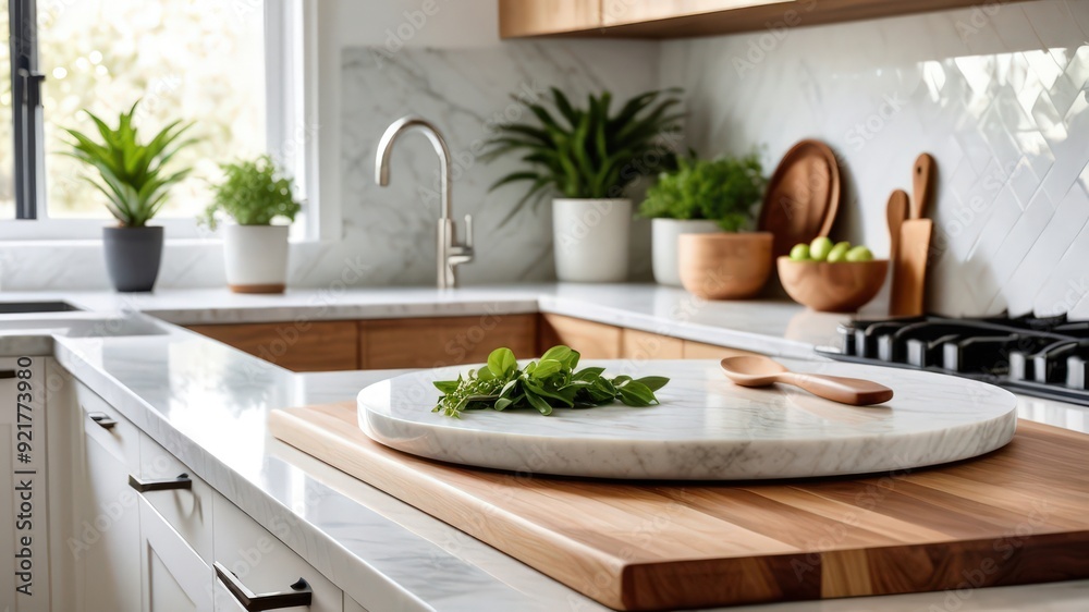 Platform podium in a beautiful kitchen. Realistic mock-up for product promotion. Abstract modern minimal background with empty podium Platform podium in a beautiful kitchen. Realistic mock-up for product promotion. Abstract modern minimal background with empty podium