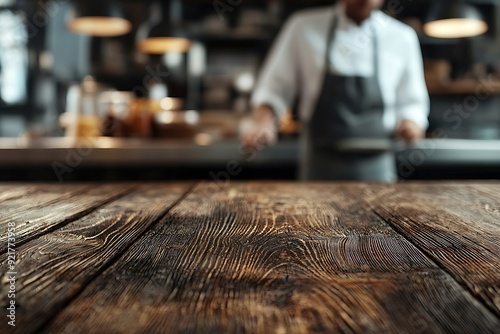 Wallpaper Mural Close up of rustic wooden table with blurred background of a chef working in a kitchen. Torontodigital.ca