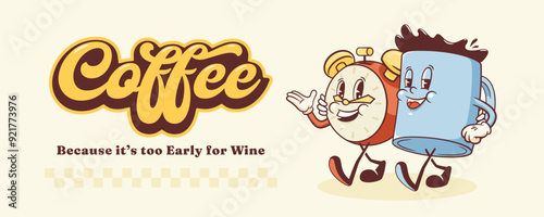 Groovy Coffee Mug and Alarm Clock Retro Character Banner. Cartoon Food Cup Walking and Smiling. Vector Fast Food Drink Beverage Mascot Template. Happy Vintage Cool Illustration Isolated
