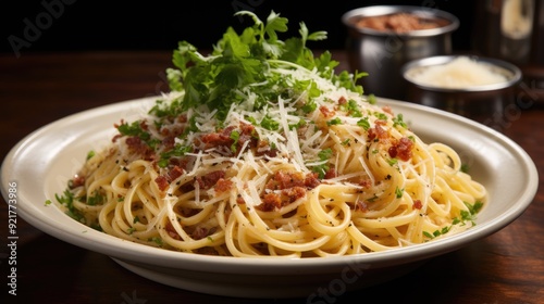 Plate of pasta carbonara with grated Parmesan and parsley