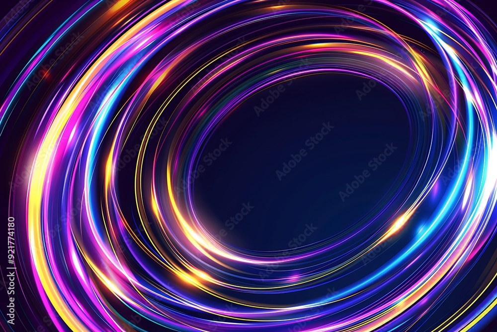 A neon light effect background with purple, blue and yellow colors on the edges of an abstract circular shape, A neon light effect background with purple, blue and yellow colors on the edges of an abstract circular shape,