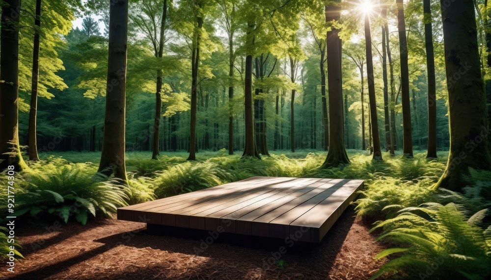 Platform podium in a forest. Realistic mock-up for product promotion. Abstract modern minimal background with empty podium Platform podium in a forest. Realistic mock-up for product promotion. Abstract modern minimal background with empty podium