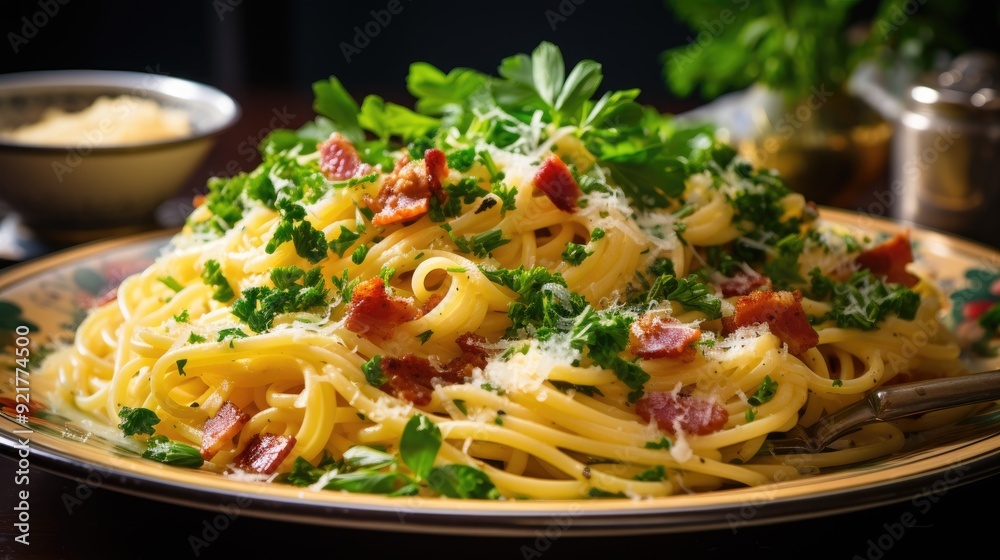 Plate of pasta carbonara with grated Parmesan and parsley Plate of pasta carbonara with grated Parmesan and parsley