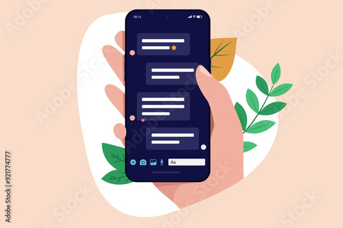 Text message on phone - Hand holding mobile smartphone with sms or social media conversation on screen. Texting concept in flat design vector illustration