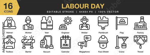 Labour Day icon set. Editable Stroke Icon Collection. Includes factory, flag, megaphone, paintbrush, toolbox, vest, and More. Outline icons vector collection.