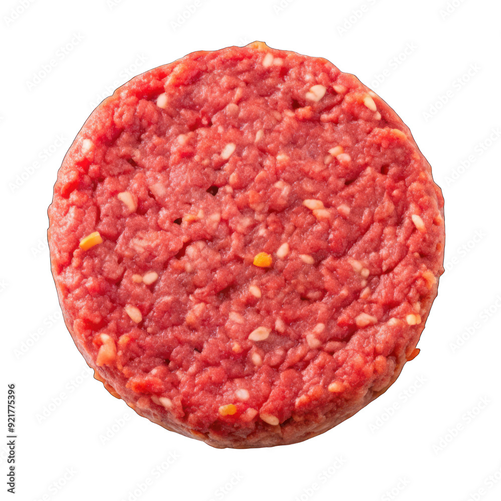 Raw beef burger patty top view isolated on transparent background