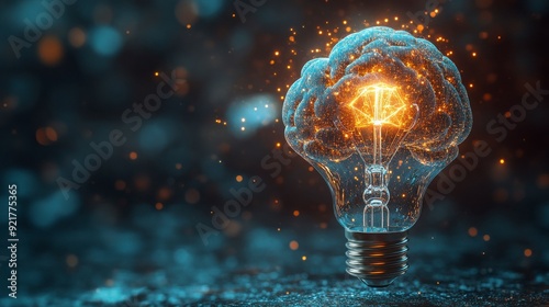 A glowing brain inside a lightbulb, surrounded by fiery sparks in a dark, atmospheric setting. This image highlights the explosive power of creativity and innovation.