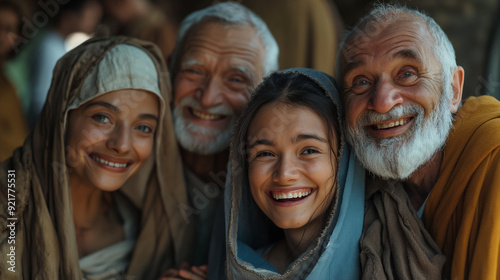 People in traditional 1st-century Middle Eastern attire, smiling together.
