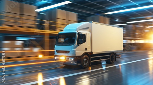 Courier truck transporting freight packages, motion, copy space, focus on objects, deep depth of field.
