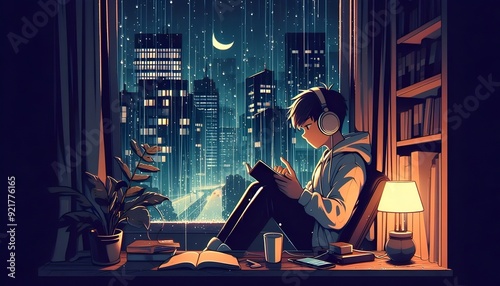 Lofi Anime illustration style young beautiful teenager studying near the window at night.