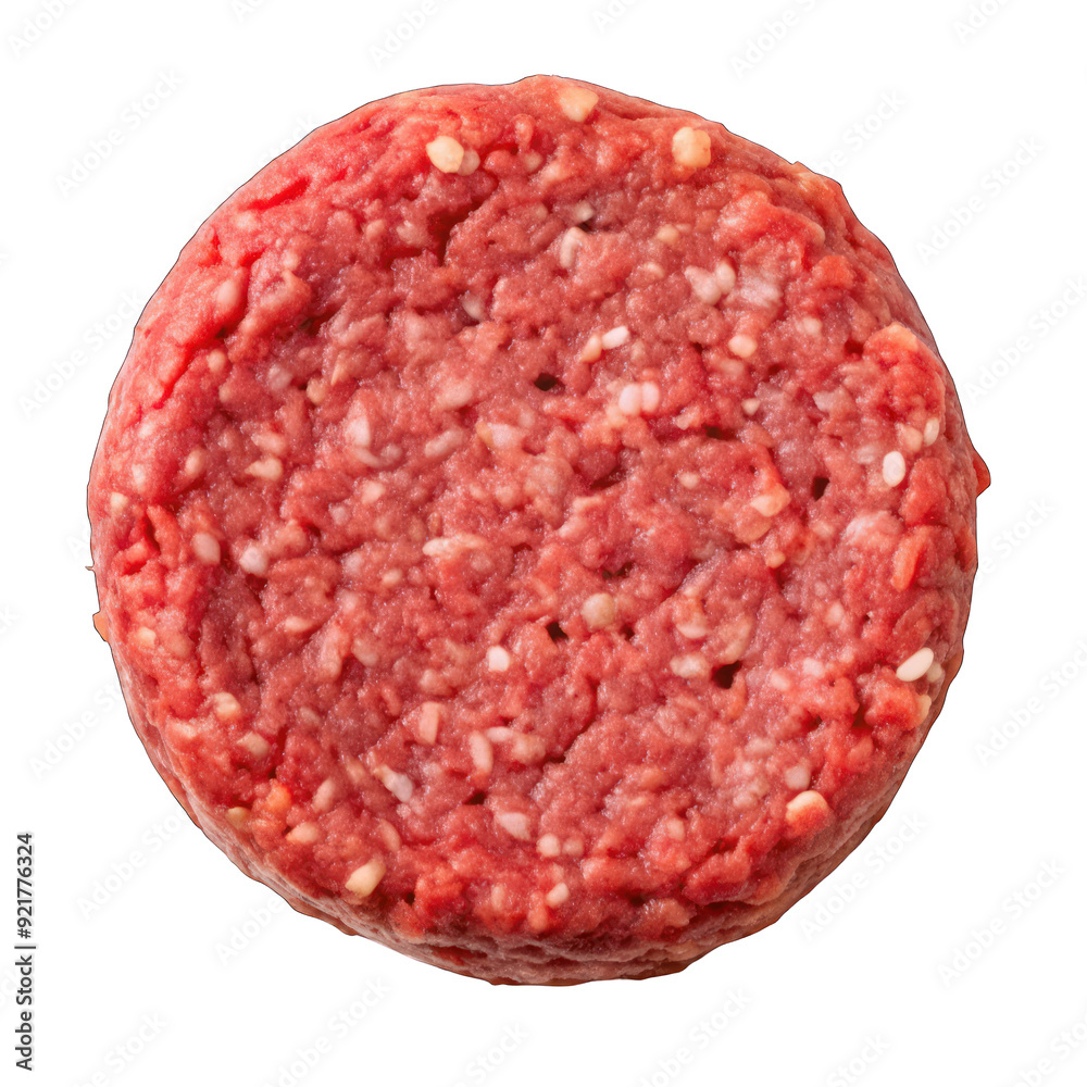 Raw beef burger patty top view isolated on transparent background