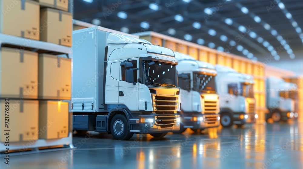 Various logistics vehicles at transport center with different shapes, copy space, deep depth of field, comprehensive coverage.