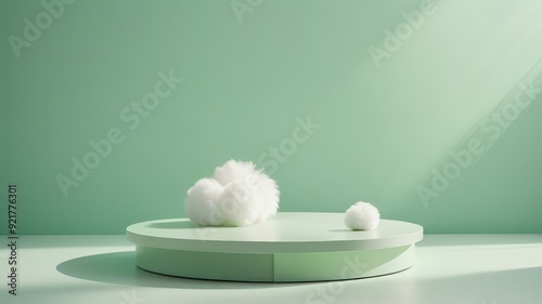 Abstract green platform podium with clouds. Realistic pastel mock-up for products promotion. Abstract modern minimal background with empty podium. 