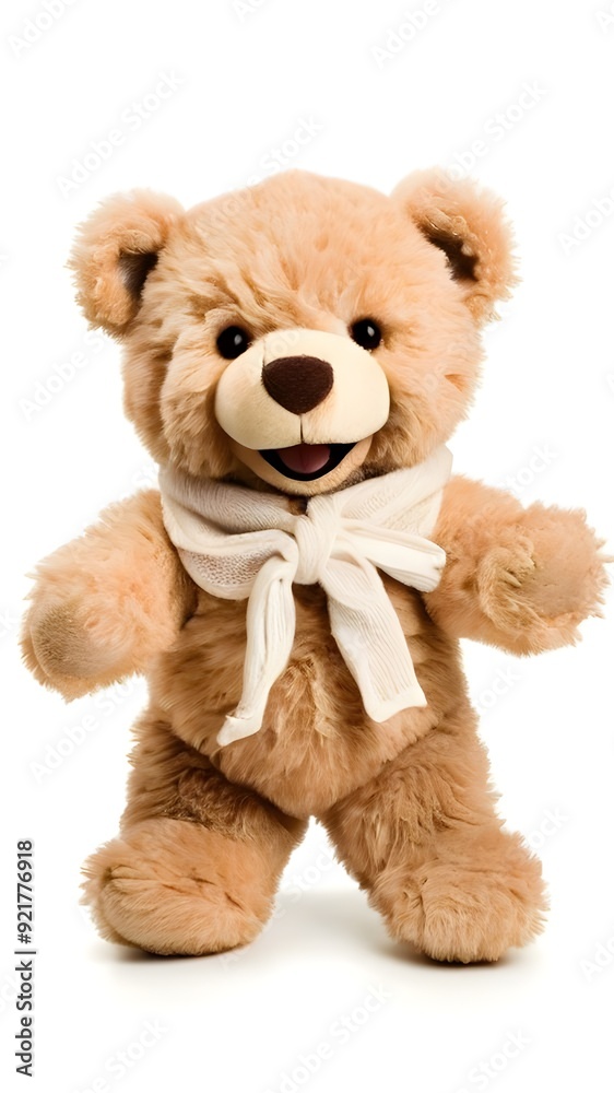 Fototapeta premium Cute smiling teddy bear, stuffed animal plush toy soft cuddly childhood friend sweet small innocent love warmth cozy fuzzy delightful ours en peluche oso peluche teddybar single 