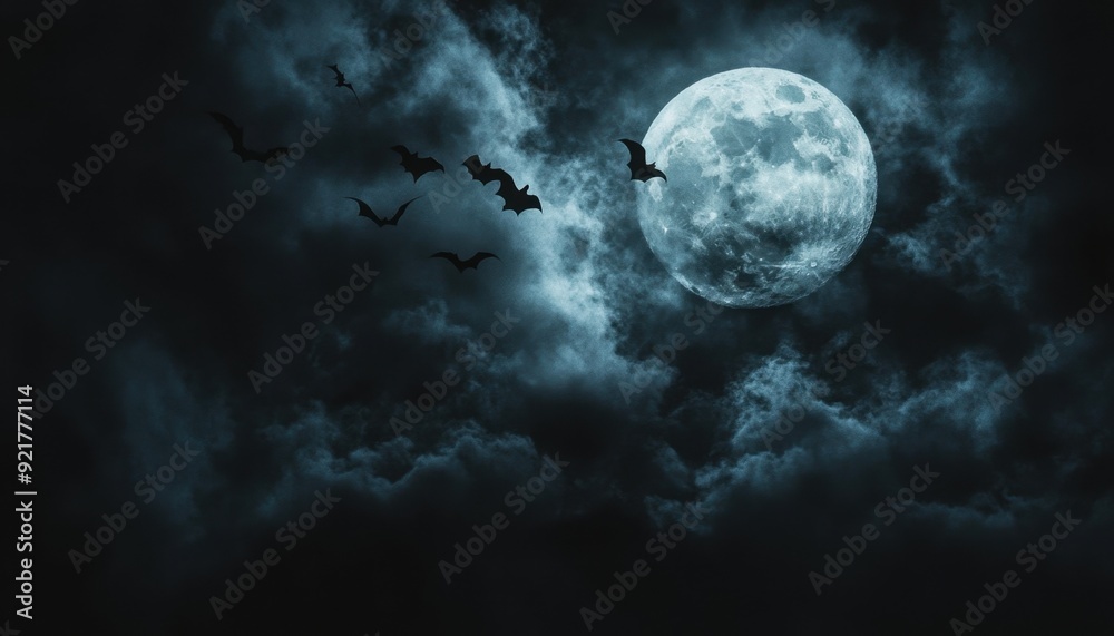 Bats flying in front of a full moon over a cloudy night sky Bats flying in front of a full moon over a cloudy night sky