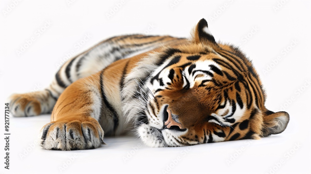 Fototapeta premium A solitary tiger resting on a blank background.