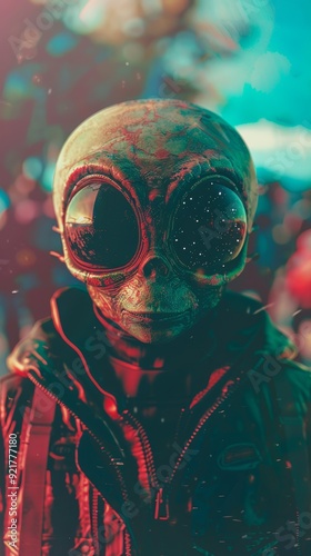 Exotic alien deity floating in empty outer space, anaglyphic steampunk vibe. photo