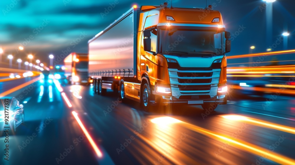 Fototapeta premium Transporting supply goods with a fleet of vehicles, emphasizing object coverage and deep depth of field, with copy space available.