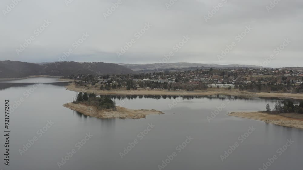Drone shot of Jindabyne village on an overcast winters day Drone shot of Jindabyne village on an overcast winters day