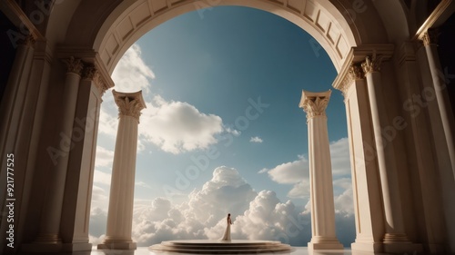 Beautiful platform podium with sky and clouds. Realistic mock-up for product promotion. Abstract modern minimal background with empty podium