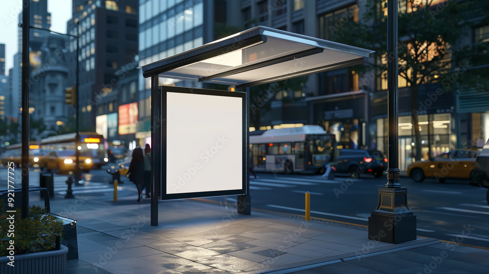 Digital billboard displayed at a modern bus stop in a busy urban environment. Advertising concept Digital billboard displayed at a modern bus stop in a busy urban environment. Advertising concept