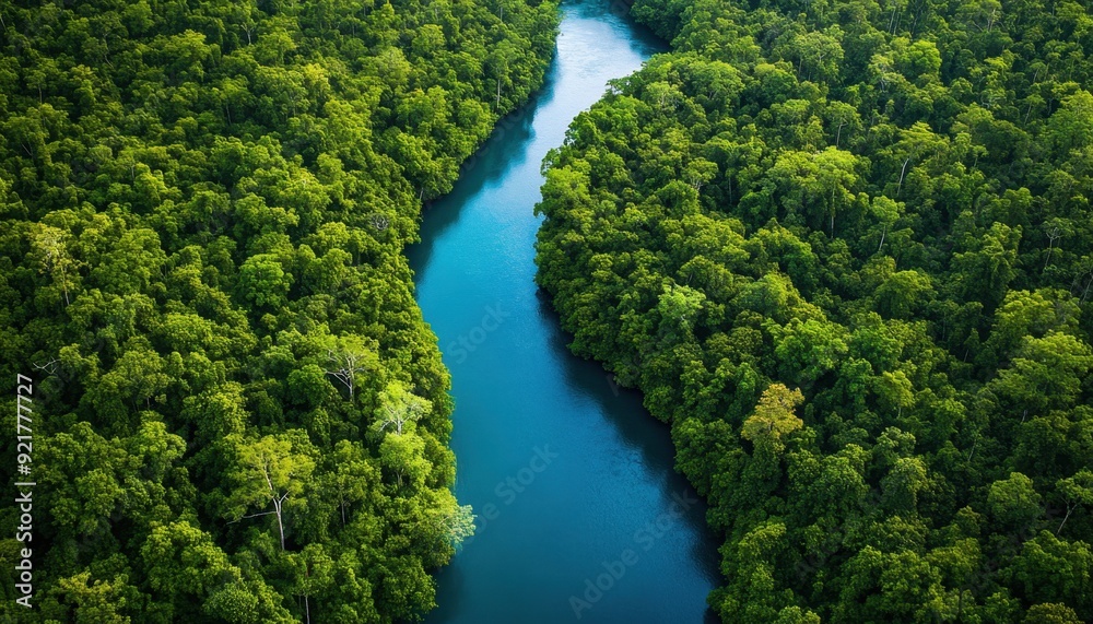 Aerial view of a winding river through lush green jungle in daytime Aerial view of a winding river through lush green jungle in daytime
