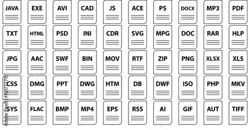 Set Of Linear File Names 6 2 Thin Light Isolated Silhouette Solid Icons With Extension,Name,Format,Document,File Infographic Simple Vector Illustration Logo