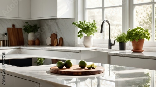 Platform podium in a beautiful kitchen. Realistic mock-up for product promotion. Abstract modern minimal background with empty podium photo