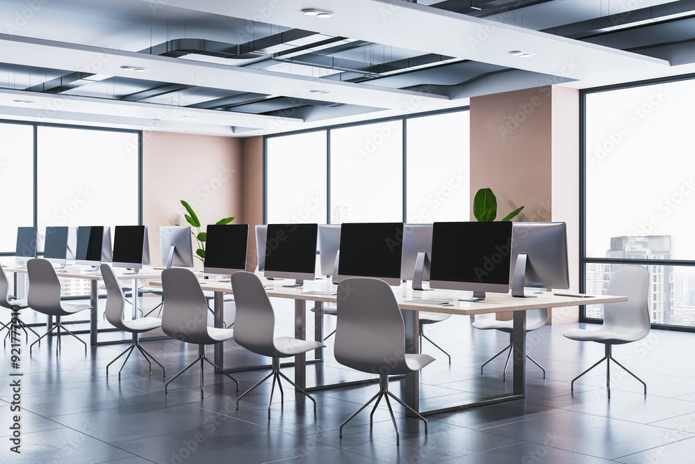 Modern bright coworking office interior with panoramic windows and city view, furniture and equipment. 3D Rendering. Modern bright coworking office interior with panoramic windows and city view, furniture and equipment. 3D Rendering.