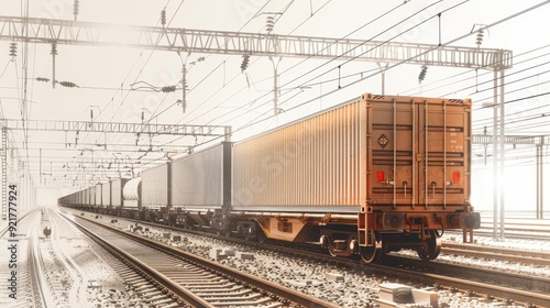 Detailed freight train sketch with cargo cars, copy space, focus on objects, deep depth of field.