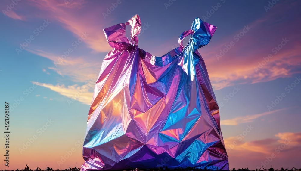 Holographic Plastic Bag Against Sunset Sky. Holographic Plastic Bag Against Sunset Sky.