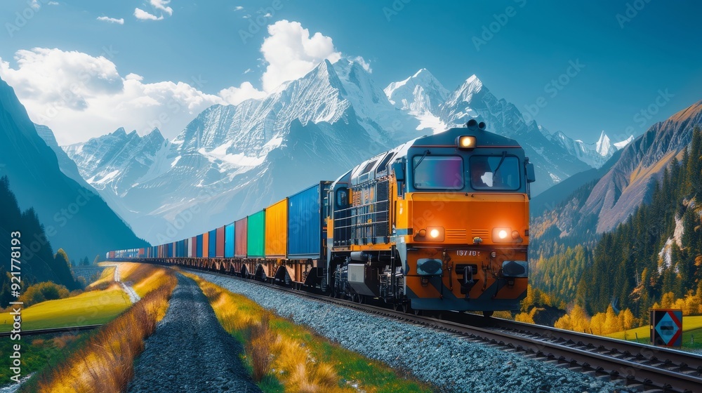 Freight trains cross mountain boundaries in transit, with copy space and deep depth of field. Freight trains cross mountain boundaries in transit, with copy space and deep depth of field.