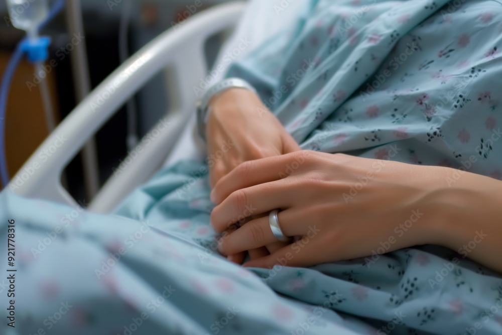 Fototapeta premium beautiful mother in hospital bed pregnant and in labor, holding on to bed rail in pain, wedding rings showing