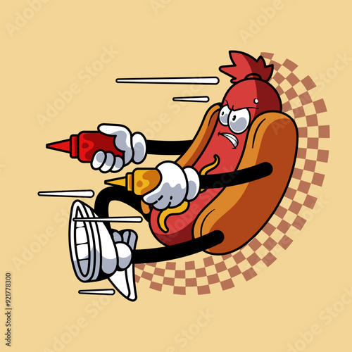 Hotdog Shoot the Sauce Mascot Character Illustration Vintage