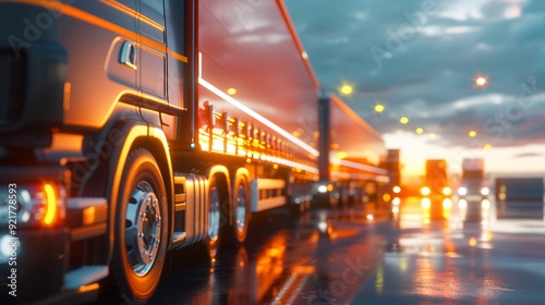 "Dispatch line of haulage vehicles ready to transport merchandise, with copy space, emphasizing deep depth of field and full object coverage"