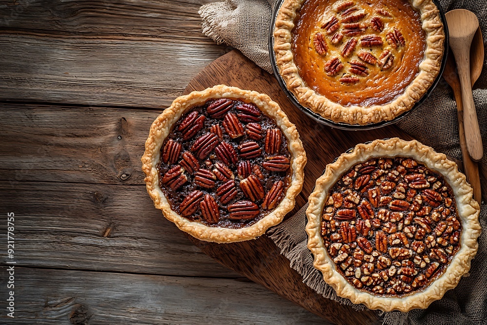 Three pecan pies with golden brown crusts sit on a rustic wooden surface, ready for serving. Three pecan pies with golden brown crusts sit on a rustic wooden surface, ready for serving.