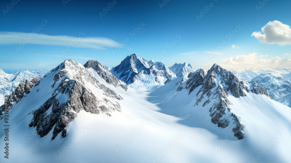 A beautiful mountain range with snow-covered peaks and a clear blue sky. The mountains are majestic and the sky is bright and inviting. Concept of awe and wonder at the natural beauty of the landscape A beautiful mountain range with snow-covered peaks and a clear blue sky. The mountains are majestic and the sky is bright and inviting. Concept of awe and wonder at the natural beauty of the landscape