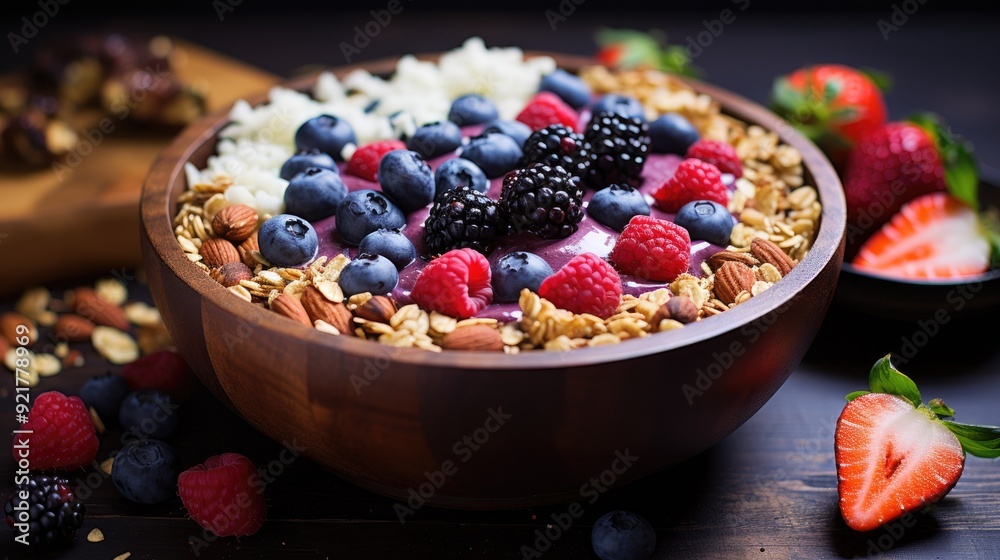 Smoothie bowl topped with fresh berries and granola Smoothie bowl topped with fresh berries and granola