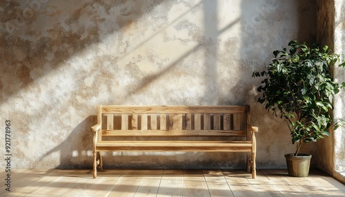 Sunlight streaming on a wooden bench beside a potted plant in a cozy interior space