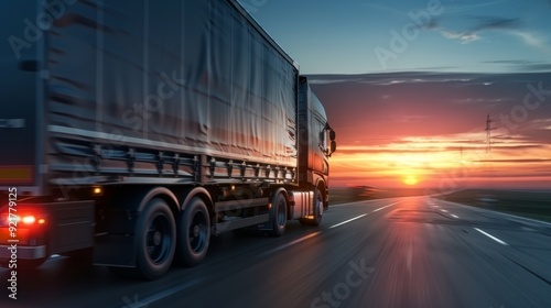 Logistic vehicles transporting goods at dawn with copy space, covering all objects, deep depth of field.