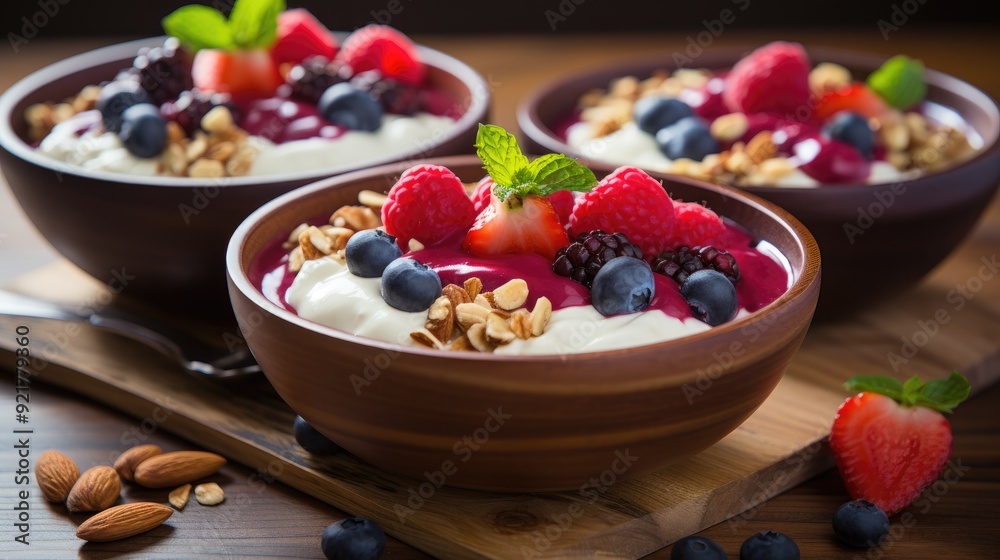 Smoothie bowl topped with fresh berries and granola Smoothie bowl topped with fresh berries and granola