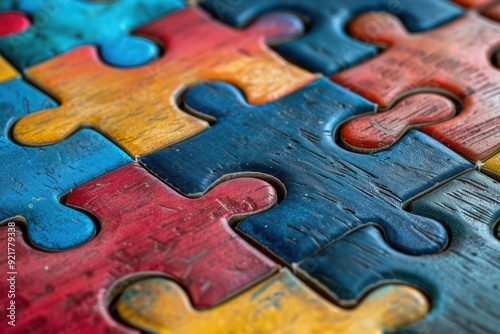 Interlocking puzzle pieces, like teamwork and unity, conveying the importance of working together. photo