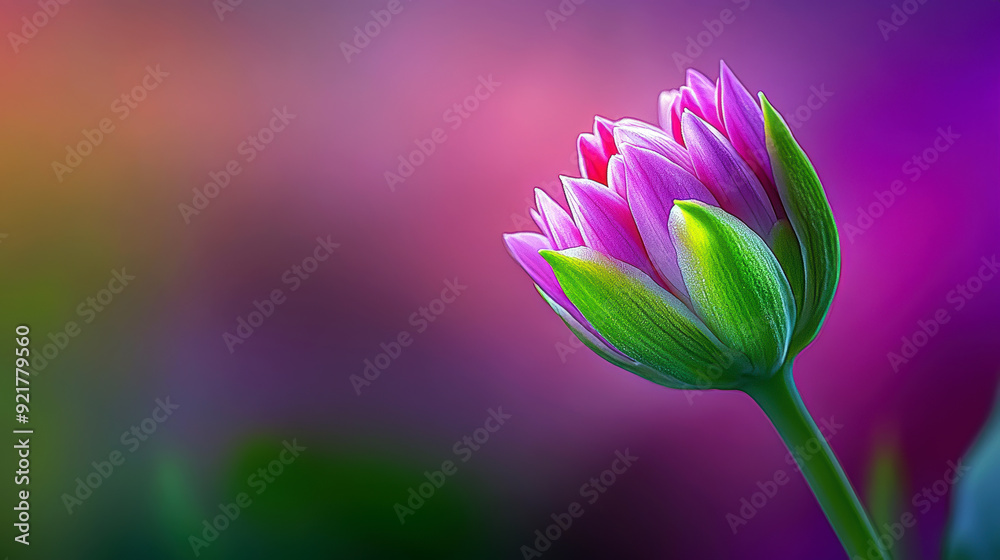 Fototapeta premium A flower with green leaves is the main focus of the image. The flower is surrounded by a purple background, which creates a sense of calmness and serenity. The combination of the bright pink flower