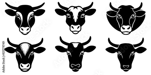 Set cow head icons vector art, Cow silhouette vector illustration