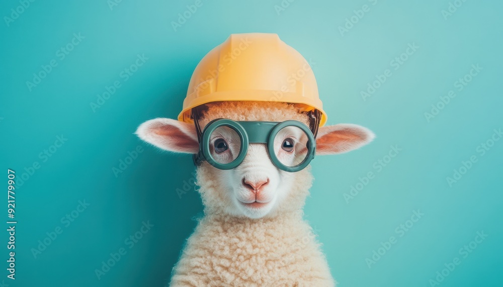 Playful lamb wearing glasses and a hard hat against a bright blue background Playful lamb wearing glasses and a hard hat against a bright blue background