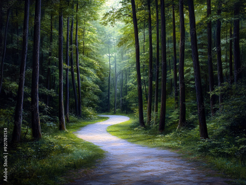 Fototapeta premium A painting of a forest path with trees on either side. The path is narrow and winding, and the trees are tall and green. The painting evokes a sense of peace and tranquility