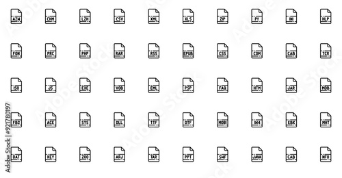 Set Of File Names Outline_V Icons Web Header Banner Design Containing Name,Document,File,Chm,Extension Solid Icon Collection. Vector Illustration